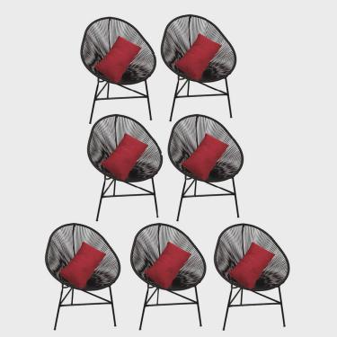 Imagem de Kit 07 Poltrona Cadeira Acapulco Sala Jardim Varanda Preto Com Almofada Quadrada Tecido Sintético Vermelho - Ahazzo Móveis