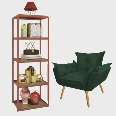 Imagem de Kit Poltrona Fatte com Estante Livreiro Ferro Bronze mdf Freijó Suede Verde Musgo - Ahazzo Móveis