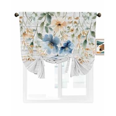 Imagem de Cortina de amarrar para janelas de cozinha, flores silvestres azuis vintage aquarela branca grão de madeira ajustável cortinas de bolso de haste, tratamentos de janela, cortinas de sanefa para quarto