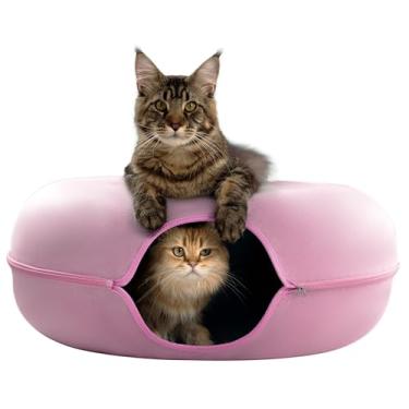 Imagem de Cattasaurus Peekaboo Cat Cave Donut para vários e grandes gatos de até 13,6 a 20,4 kg, cama 3 em 1 com aquecimento automático para gatos, túnel e arranhador para gatos internos, cama lavável e