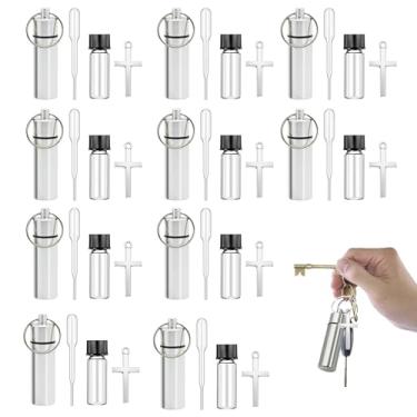 Imagem de MOSIOBERDAVIAN 10 frascos de óleos sagrados, frascos de óleo de unção, porta-chaves com pingente de cruz conta-gotas, para viagens, batismo, igreja, casamento, comunhão (prata)