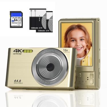 Imagem de Câmera digital Gold 2024 fhd 4K 44 mp com cartão sd de 64 gb Zoom digital 16X As mais novas câmeras 1080P simples e baratas de apontar e disparar comp