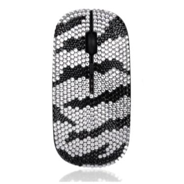 Imagem de Mouse sem fio com estampa de zebra 2,4 G com strass de cristal de luxo Bling para laptop, lindo mouse com listras de zebra para notebook, PC, MacBook - preto e branco