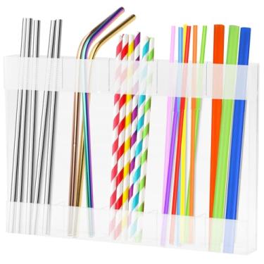 Imagem de Suporte organizador de canudo acrílico com fita adesiva dupla face - Recipiente de armazenamento reutilizável para canudos de tamanho padrão, ideal para balcão de cozinha, armário, armário