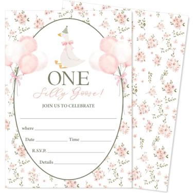 Imagem de FYSUIMU Conjunto de 25 convites de festa de ganso silly com envelopes rosa vintage floral ganso convites para festa de primeiro aniversário chá de bebê, 12 x 18 cm