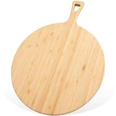 Imagem de Tábua de corte redonda grande de 30 x 29 cm com alça de bambu, tábua de cortar madeira grande, tábua de servir para cozinha, carne, pão, queijo, pizza, legumes, casamento, presente de inauguração de