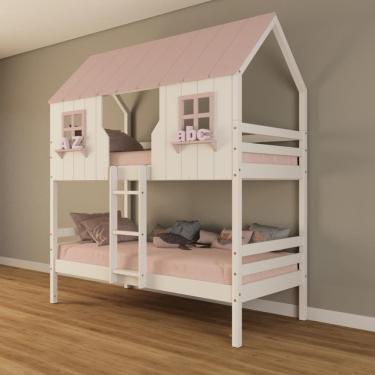 Imagem de Beliche Casinha Encantada Madeira Maciça Branco/ Rosa Housin