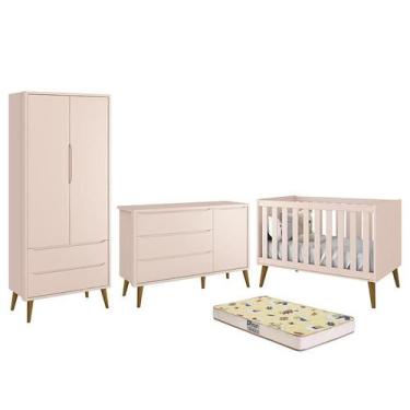 Imagem de Dormitório Infantil Theo Retrô 2 Portas, Cômoda 1 Porta, Berço Rosa co