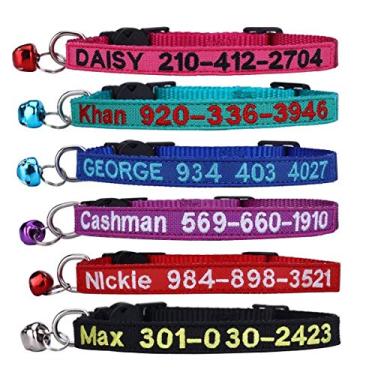 Imagem de Coleira de gato FlowerTown, coleiras de identificação de gato de nylon bordadas personalizadas com sino - texto personalizado com nome de animal de estimação e número de telefone..
