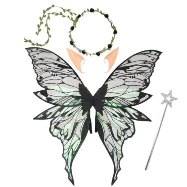 Imagem de Snycler Asas de fada para adultos e meninas, conjunto de fantasia de fada com guirlanda floral, varinha e orelhas de elfo asas de borboleta, Preto, Tamanho Único
