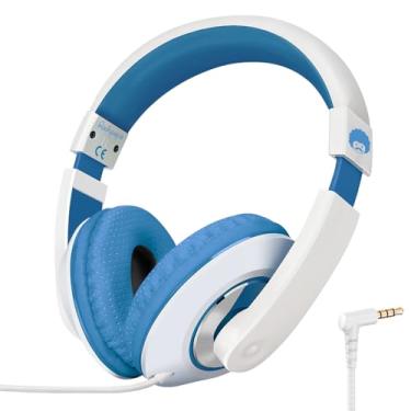 Imagem de rockpapa Fones de ouvido infantis confortáveis para escola, leves, para crianças, meninos, meninas, adolescentes, 3,5 mm, para leitor de CD, DVD, tablet, telefone, viagem, branco/azul