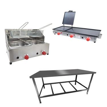 Imagem de Kit Lanchonete Mesa De Manipulação 120x55cm + Fritadeira A Gás 2 Cuba + Chapa A Gás 90cm Alcamar
