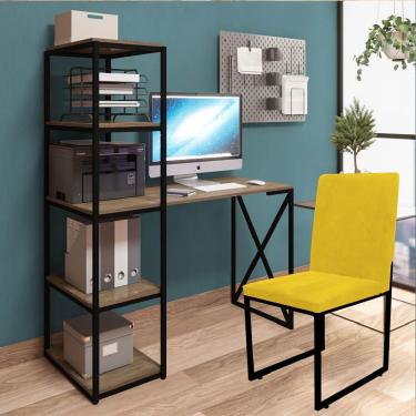 Imagem de Kit Mesa 5 Prateleiras E Cadeira Stan Preto Suede Amarelo