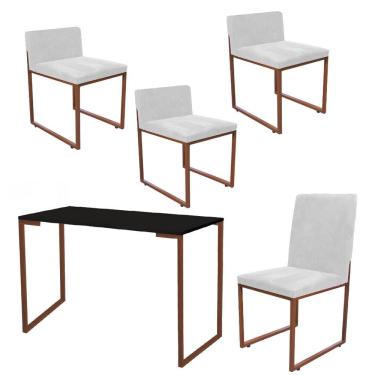 Imagem de Kit Mesa Escrivaninha Com Cadeira Stan E 3 Poltronas Tampo Preto Ferro Bronze Corino Branco