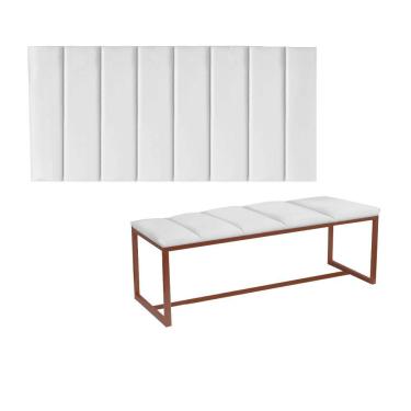 Imagem de Kit Painel Carla E Calçadeira Industrial 195cm King Size Box Ferro Bronze Corino Branco