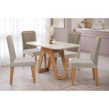 Imagem de Sala de Jantar Completa Carol C/ Tampo Vidro 130cm + 4 Cadeiras Nature Off White Madeira Nude