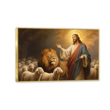 Imagem de Arte de parede em tela de Jesus e Cordeiro Impressão de Leão de Judá Cristão Cordeiro de Deus Decoração de Casa Arte de Parede Cristã Inspiradora para Escritório 30 x 20 cm (12 x 8 pol.) Moldura