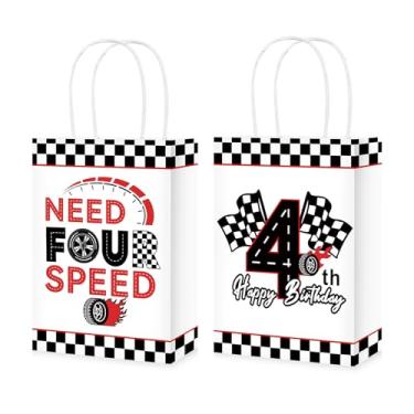 Imagem de Grencian 16 peças de sacos de papel temáticos para carros de corrida, 4º aniversário, decoração de festa de 4 anos para crianças, meninos, tema esportivo, decoração de festa de 4º aniversário