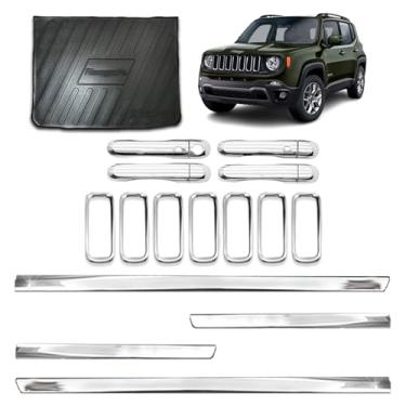 Imagem de Friso Lateral Slim Inferior + Apliques de Maçaneta P/Keyless + Protetor de Porta-Malas + Aplique para Grade Dianteira 4 Portas Adaptável para Renegade 2015 2016 2017 2018 Kit Cromado