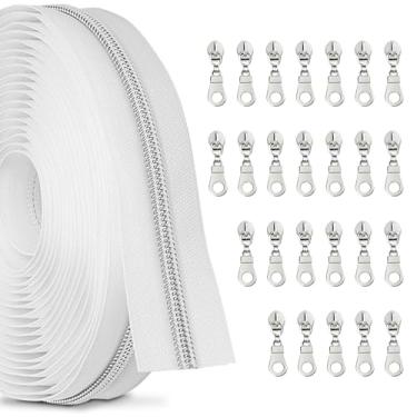 Imagem de zynzaoacs #5 Zíper Por Jarda Com Puxadores, Fita Branca Contínua (10 Jardas) E Puxadores De Metal Prateado À Prova Ferrugem (25 Unidades), Zíperes A Granel Para Costurar Bolsas Carteiras, Rolo Nylon