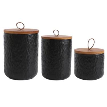 Imagem de MEIGLQEA Lata De Café Cerâmica Preta E Branca Com Tampa Madeira, Recipiente Hermético Para Armazenamento Grãos, Moído, Açúcar, Pote Biscoitos Doces (Preto, Três Peças)
