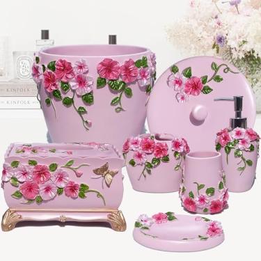 Imagem de LUANT Acessórios De Banheiro Rosa Vintage, Conjunto 5 Peças, Recursos, Dispensador Sabonete, Porta-Escovas Dente, Copo E Prato - Presente Banho (6 Peças Rosa)