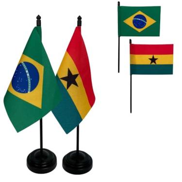 Imagem de Kit Bandeiras de Mesa Brasil e Gana, Base e Haste em Plástico Preto, Tecido Oxford, Uma Face