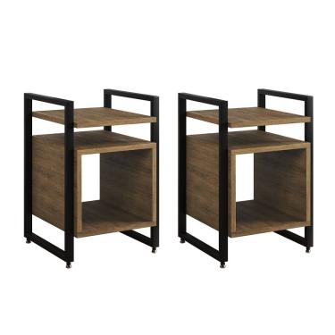 Imagem de Kit 2 Mesas De Cabeceira Industrial Marrocos Ferro Preto E Tampo Freijó