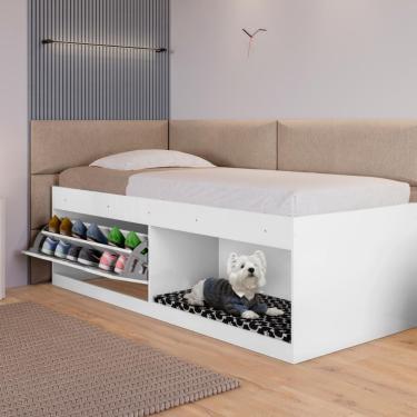 Imagem de Box Solteiro 2 Prateleiras Flórida Com Kit Pet E Colchão Branco