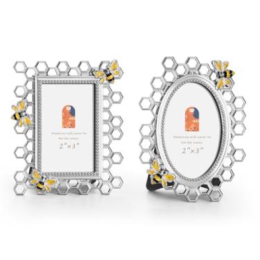 Imagem de FIHOO Porta-retrato Bee Honeycomb Silver Mini 5 x 7 cm, conjunto de 2 para exibição de mesa, perfeito para decoração de casa, Natal, casamento, formatura, aniversário, marco