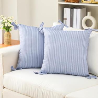 Imagem de SmoothNovelty 2 peças de capas de almofada costeira 50 x 50 cm azul e branco listradas com laços borboleta chiques de algodão para sofá, sala de estar, cama, decoração de casa ao ar livre