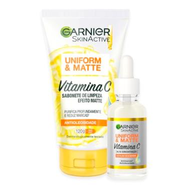 Imagem de Garnier Uniform & Matte, Kit Skincare Creme de Limpeza Facial Vitamina C 120g e Sérum Booster Antimarcas 15ml, Efeito Peeling, Reduz Marcas e Oleosidade, Pele Uniforme e Hidratada