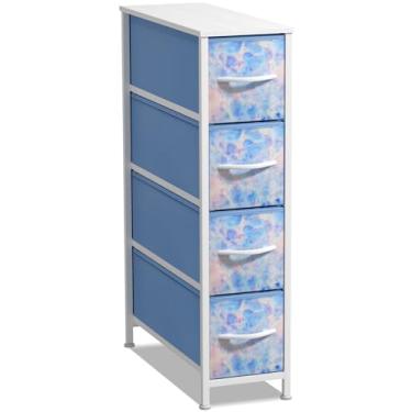Imagem de Sorbus Cômoda infantil estreita com 4 gavetas – cômoda vertical fina com estrutura de aço, topo de madeira e caixas de tecido fáceis de puxar para pequenos espaços, armários, quarto, banheiro e
