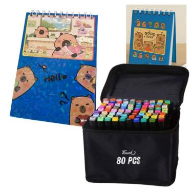 Imagem de Canetinhas 80 Cores Livro Pintar Colorir Capivara Fofa 50 Paginas Desenho Hobbie Pintura Lazer Divertido