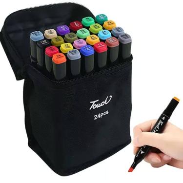 Imagem de Canetinhas Marcador 24 Cores Estojo Canetas Coloridas Permanente Ponta Dupla Escola Faculdade Desenho Pintura