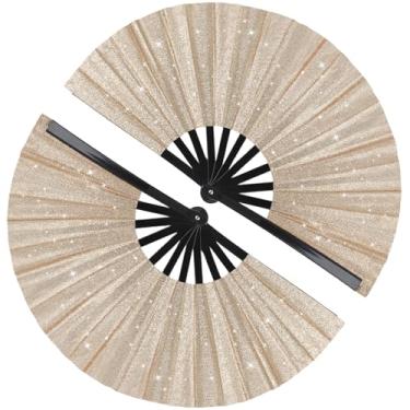 Imagem de Tkocisa Pacote com 2 leques grandes dobráveis com glitter para dança em linha, leque de pop leque grande de rave para botas no chão, dança, concerto, festa, festival, decoração de casa (ouro champanhe