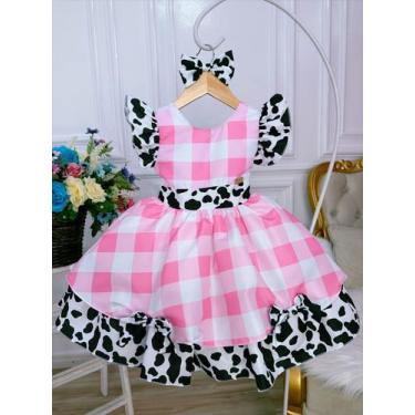 Imagem de Vestido Infantil Xadrez Branco Rosa Fazendinha Vaquinha Laço - banana 