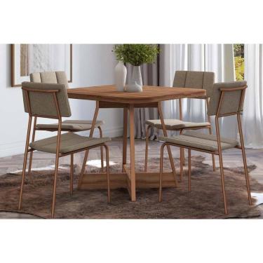 Imagem de Sala de Jantar Completa 1593 c/ Tampo Madeirado 90x90cm e 4 Cadeiras 1742 Nogal/Freijo Rose/Cobre/Linho Areia - Carraro