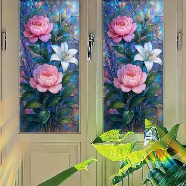 Imagem de Starlit Patio Peony Lily Película de janela estilo vitral sonhador painel de privacidade aderência estática sem cola capa decorativa para quarto, porta, estúdio, vaidade 45 x 99,8 cm