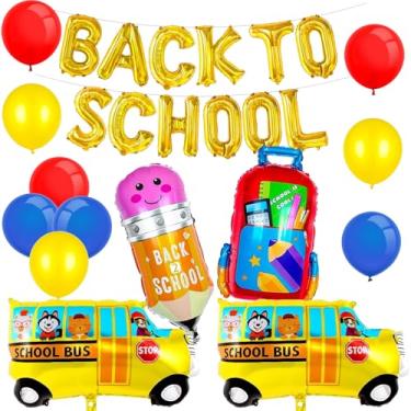 Imagem de Kit de balões de volta às aulas, lápis de ônibus escolar e balões vermelhos e azuis amarelos para material de volta às aulas, decorações de festa de jardim de infância