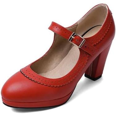 Imagem de Sapatos Oxford Mary Jane Oxford Com Bico Redondo Perfurado Salto Médio Oxfords Sapatos De Vestido Plataforma Retrô Rockabilly Com Tira No Tornozelo, Red, 6.5 UK