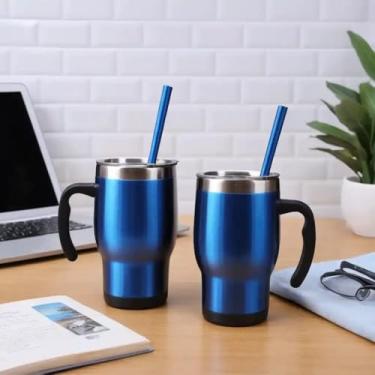 Imagem de Copo Térmico Parede Dupla em Aço Inox Azul 500ml com Canudo - Estilo Com Logo