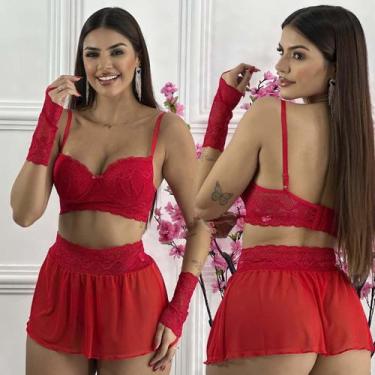 Imagem de Conjunto Lingerie Com Saia Sexy Luvas Renda Luxo Sensual Sensual  - Li