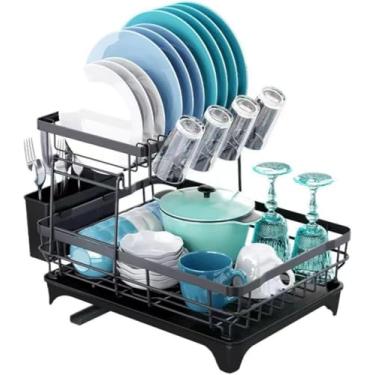 Imagem de Escorredor de Louças Inox 2 Andares Compacto com Bandeja Coletora, Suporte para Copos e Talheres, Dreno Ajustável – Antiferrugem e Durável