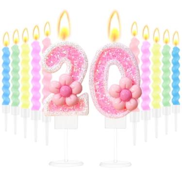 Imagem de Vela de aniversário número 20 com glitter rosa com design de flor rosa, velas de aniversário para bolo, 10 peças, velas espirais para bolo de 20 anos, decoração de festa com tema doce de 20 anos