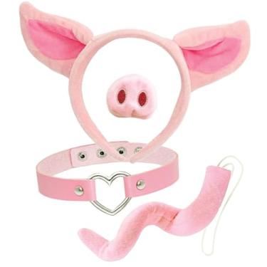 Imagem de OLYPHAN Pig Costume Accessories Adult Women Pink Piggy Costumes with Snout nose, Piggy Headband Ears and Tail with Sexy Heart Choker Necklace for Halloween or Cosplay 4 PC