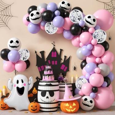 Imagem de Halloween Balloon Garland Arch Kit in Pink Purple Black, Halloween Birthday Party Decorations for Girls, Cute Skull Ghost Pumpkin Balloon Set for Indoor Wall, Backdrop, Cake Table Décor
