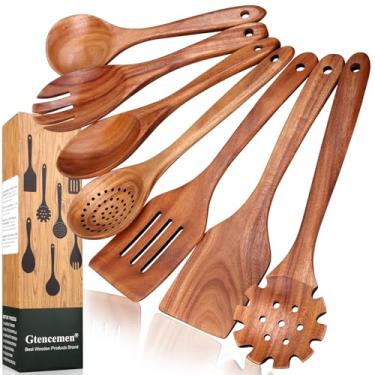 Imagem de Gtencemen Conjunto de 7 utensílios de cozinha de madeira teca, não tóxicos, sem BPA, com espátula, espátulas com fenda, colheres de madeira para escumadeira, colher de macarrão, mistura, garfo de