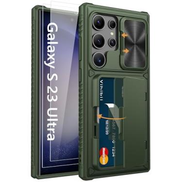Imagem de Vihibii Capa para Samsung Galaxy S23 Ultra com suporte para cartão (4 cartões), protetor de tela de vidro temperado embutido 2X e capa de câmera deslizante e suporte, capa de telefone robusta e à