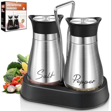 Imagem de Saleiro e pimenteiro, conjunto de saleiro e pimenteiro com suporte, alça galvanizada, dispensador de garrafa de vidro de aço inoxidável de 118 ml, para mesa, trailer, acampamento, churrasco (prata)